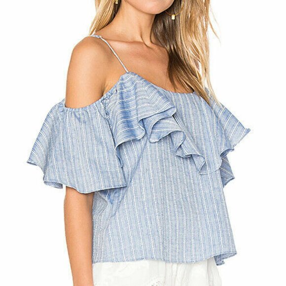 MISA Los Angeles Marina Top Womens L Blue Stripe Cotton Ruffle Cold Shoulder - Picture 8 of 9